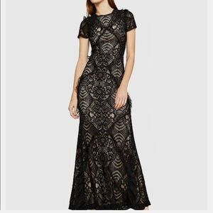 BCBGMAXAZRIA long lace evening holiday dress with open back